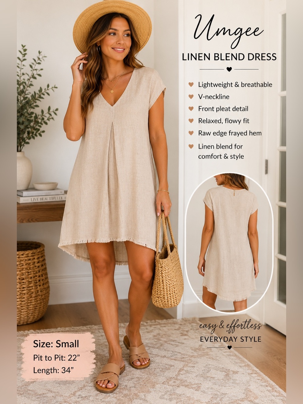 Umgee Linen Blend Shift Dress | Small | Neutral Beige | Raw Hem Boho Coastal